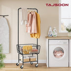Tajsoon Laundry Cart with Hanging Rack, Metal Laundry Basket with Wheels, Laundry Hamper with Storage Basket and Shelf, Rolling Laundry Cart with Wheels, Black