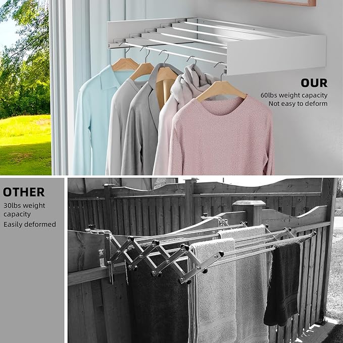 Wall Mounted Clothes Drying Rack, 31.5" Foldable Collapsible Laundry Rack, Heavy Duty 60 lb Capacity Hidden Space Saver, Includes Wall Template for Laundry Room Indoor Outdoor Balcony (White)