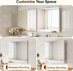 Antok 24x24 Inch Medicine Cabinet with Mirror, Wall Mounted Bathroom Mirror Cabinet, Wooden Medicine Cabinet Mirror, Recessed or Surface, White