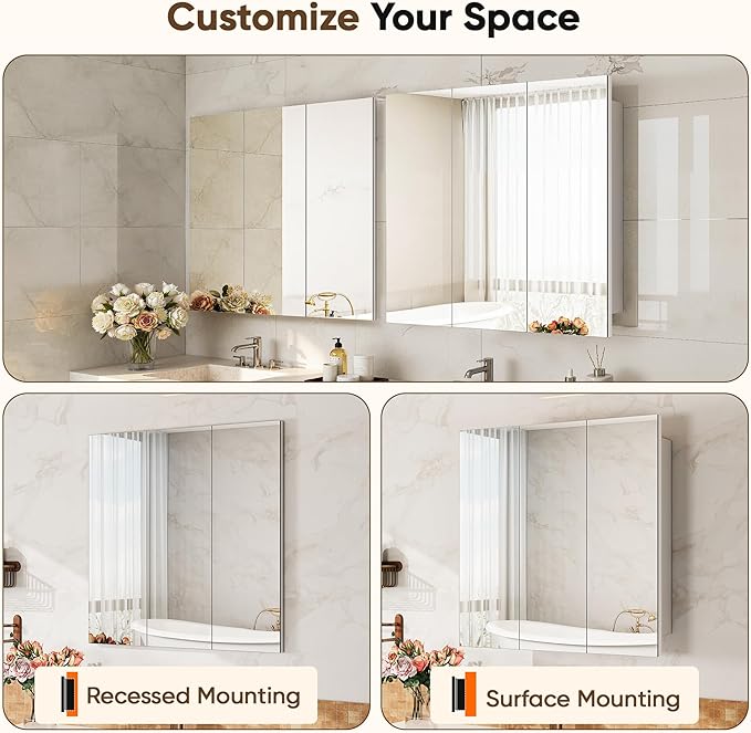 Antok 24x24 Inch Medicine Cabinet with Mirror, Wall Mounted Bathroom Mirror Cabinet, Wooden Medicine Cabinet Mirror, Recessed or Surface, White