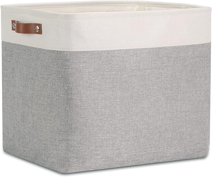 DULLEMELO Large Storage Baskets with Handles, Fabric Storage Bins for Organizing Clothes Toys Books, Canvas Storage Bin for Office Bedroom Closet Nursery Laundry Storage (White&Gray)