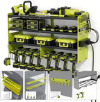 4-Tier Heavy Duty Power Tool Organizer with 4-Outlet High-Power Strip, 600lbs Capacity Reinforced Steel Drill Rack, High-Visibility Fluorescent Green Wall Mount Storage for 20V/60V Max Battery Systems