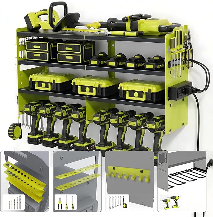 4-Tier Heavy Duty Power Tool Organizer with 4-Outlet High-Power Strip, 600lbs Capacity Reinforced Steel Drill Rack, High-Visibility Fluorescent Green Wall Mount Storage for 20V/60V Max Battery Systems