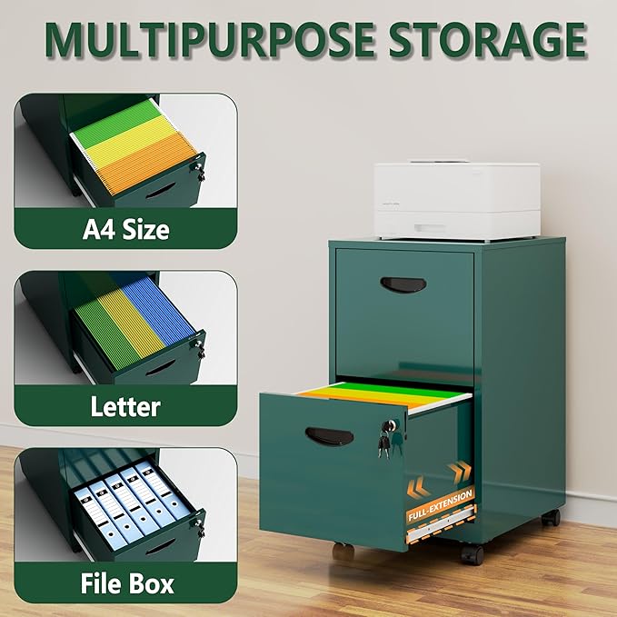 2 Drawer File Cabinet with Lock, Small Rolling Filing Cabinet for Home Office, Metal Mobile File Cabinets on Wheels, Under Desk Office Cabinets for Letter Size Folders - Assembly Required