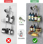Golden Stainless Steel Shower Caddy Hanging with 2-Tier Baskets, Soap Holder & Razor Holder - Non-Slip Rubber Pads for 0.82" Shower Heads, Enhanced Stability & Elegant V-Smile Design