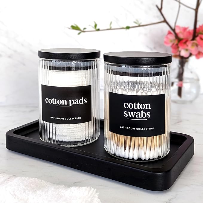 Mason & Fable Ribbed Glass Bathroom Jars with Black Bamboo Lids | Cotton Pad / Swab / Q tip | Bath Salt / Clear Vanity Apothecary Storage Canister Organizer-10fl.oz, Set of 4