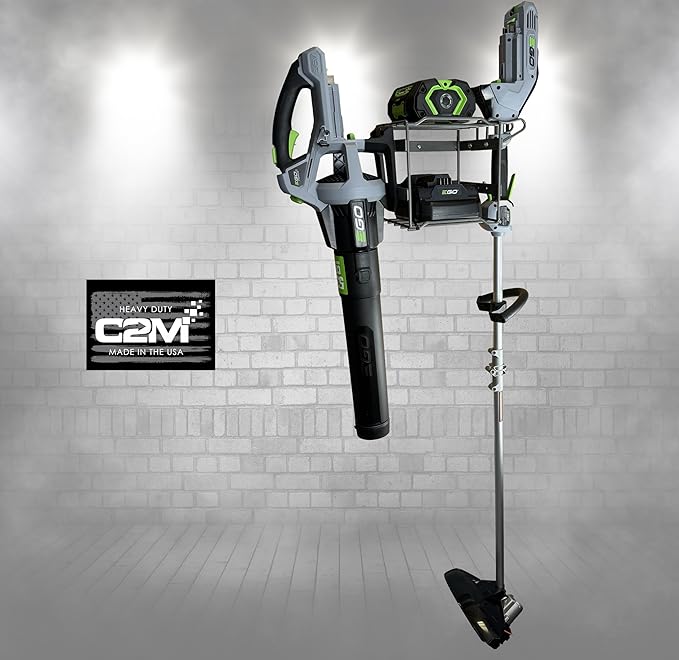 c2M Lawn Power Tool Organizer Wall Mount Rack Hanger for Leaf Blower (now compatible with EGO 530) and String Trimmer Weed Eater