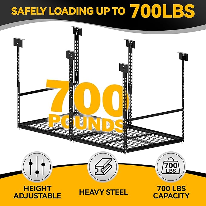 3x6 Ft Overhead Garage Storage Rack, 28-41 inch Height Adjustable Ceiling Mounted Organization Rack, 700 lbs Weight Capacity, 36"x72" Metal Rack for Garage Storage with Wire Decking