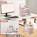 Daltack 6 Tier Paper Organizer for Desk, Paper Letter Tray Organizer for Desks, Mesh Desk File Organizers with Handle for Office, Home, School, Pink