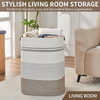 Laundry Hamper - Tall Woven Rope Laundry Basket - Clothes hamper with Leather Handles, 17" X 13.8" X 22", Blanket Storage Basket for Living Room, Rice Brown & White