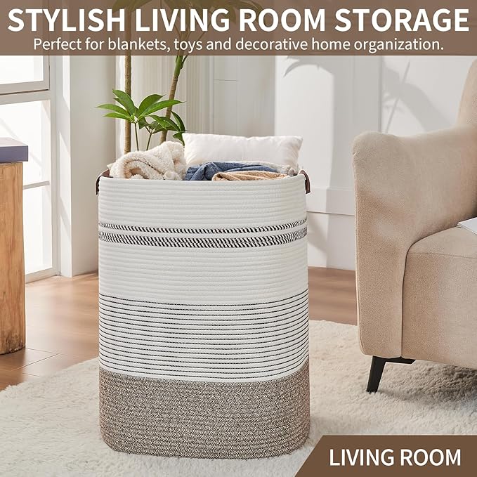 Laundry Hamper - Tall Woven Rope Laundry Basket - Clothes hamper with Leather Handles, 17" X 13.8" X 22", Blanket Storage Basket for Living Room, Rice Brown & White
