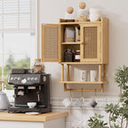 AmazerBath Bathroom Wall Cabinets, Bamboo Medicine Cabinet with Rattan Door, Over The Toilet Storage Cabinet with Towel Bar, Wall Mounted Cabinet with Adjustable Shelves for Small Spaces