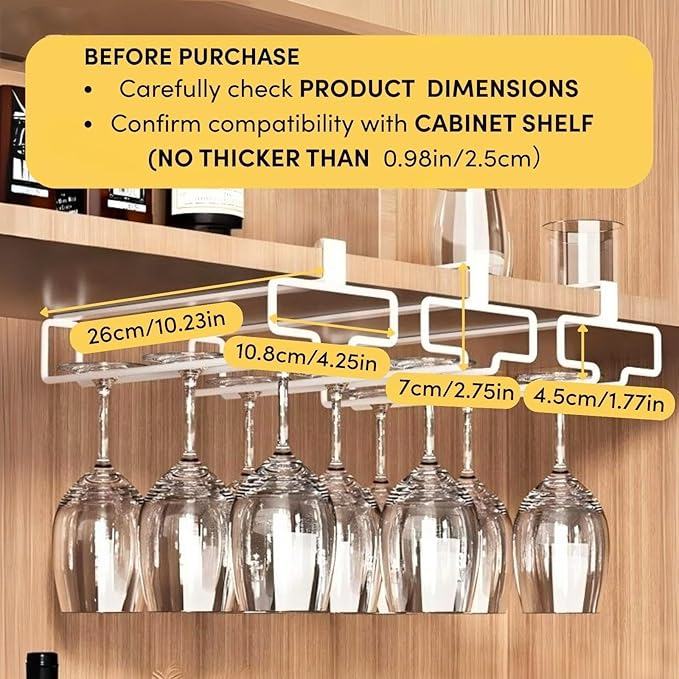 LINFIDITE 2 Pack Wine Glass Holder Stemware Rack Hanger Under Cabinet Wine Glass Rack Kitchen Hanging Storage Rack Organizer,White(For Partition Thickness under 0.98")