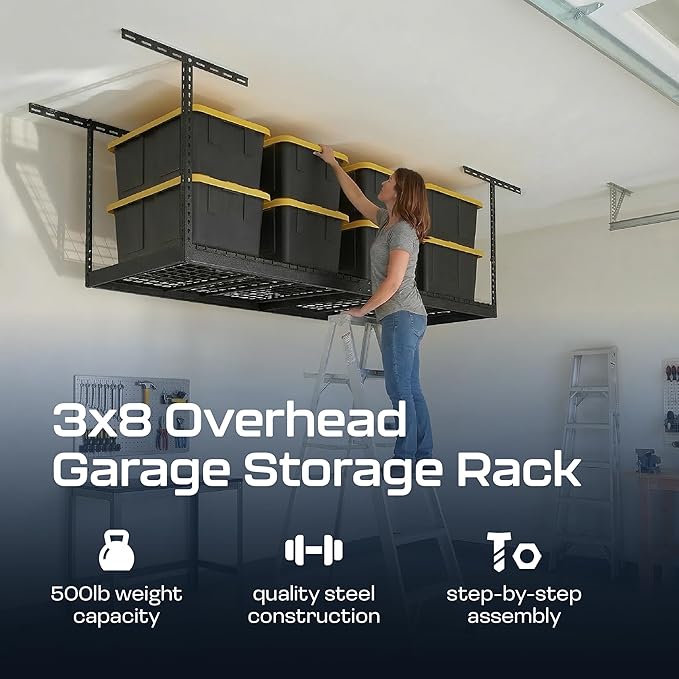 MonsterRax Overhead Garage Storage Racks 3x8’ (2-Pack) Ceiling Mounted Shelving, Adjustable Hanging Organizer, Heavy Duty Steel, Holds 500 Pounds, Color: White, Adjustable from 24"-45" off the Ceiling