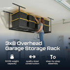 MonsterRax Overhead Garage Storage Racks 3x8’ (2-Pack) Ceiling Mounted Shelving, Adjustable Hanging Organizer, Heavy Duty Steel, Holds 500 Pounds, Color: White, Adjustable from 24"-45" off the Ceiling