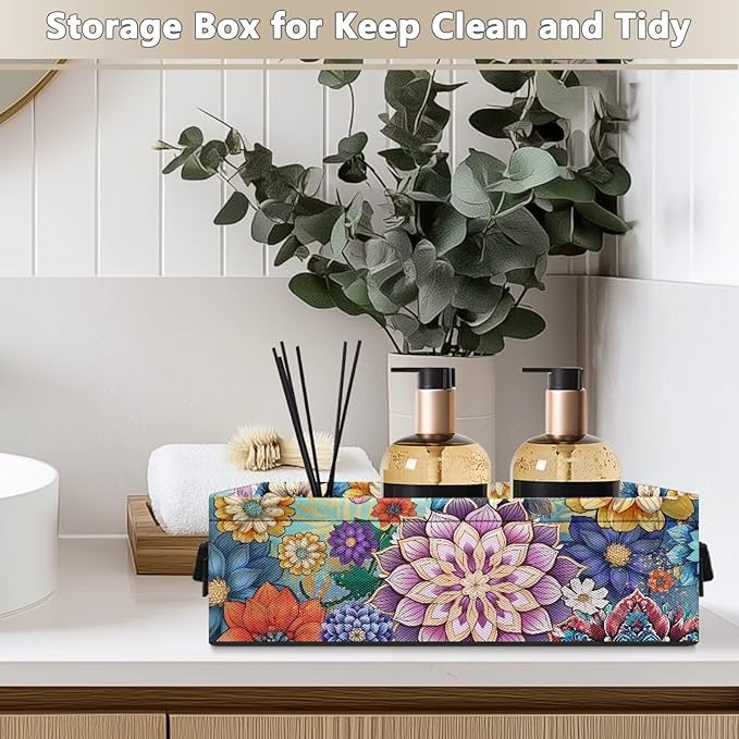 Toilet Paper Basket Foldable Organizer Multi-functional Storage Bin Office Organization Fabric Basket with Handles for Bathroom Kitchen Living Room Decor, Boho Flower Print