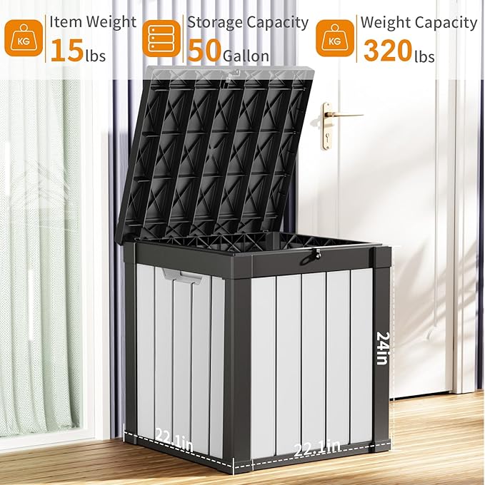 50 Gallon Resin Deck Box, Lockable Patio Outdoor Storage Box for Furniture, Garden Tools and Tools Storage, Waterproof Outside Storage Boxes - Black&White