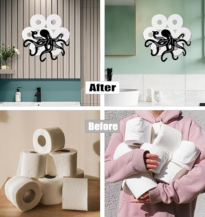 Octopus Toilet Tissue Holder,Animal Paper Holders,Decorative Metal Papers Holder,Funny Toilet Animal Storage for Bathrooms,Bathroom Paper Organizer for Extra 8 Rolls Wall Mounted Art Decor