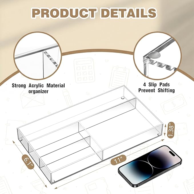 Acrylic Desk Drawer Organizer 11 x 6.1 x 1.38 Inch Storage Tray Organizer for Pens, Stationery, Desktop, Office, Bathroom, Kitchen, Makeup Supplies(4 Compartments, Clear)