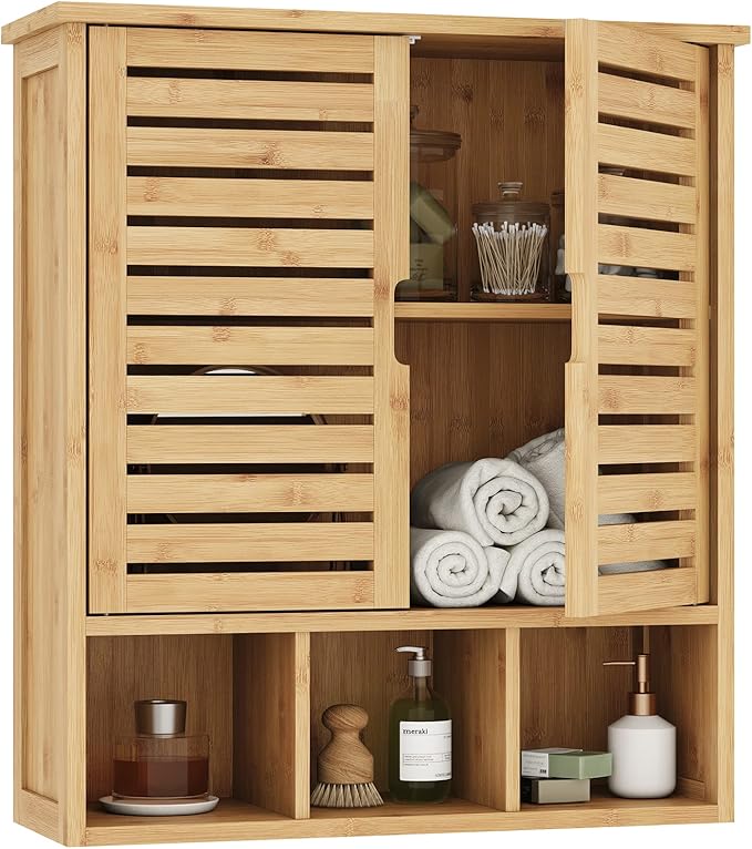Bathroom Wall Storage Cabinet, Bamboo Medicine Cabinet with Doors and Adjustable Shelves, Bathroom Medicine Cabinet Wall Mount, Wall Mounted Over-The-Toilet Storage Cabinet