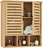 Bathroom Wall Storage Cabinet, Bamboo Medicine Cabinet with Doors and Adjustable Shelves, Bathroom Medicine Cabinet Wall Mount, Wall Mounted Over-The-Toilet Storage Cabinet