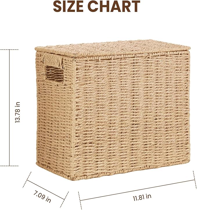 14 Inch Toilet Paper Storage Basket with Lid, 6-Roll Bathroom Organizer, Woven Paper Rope Basket for Narrow Spaces, Multi-Purpose Holder for Towels, Utensils, Picnic & Home Decor