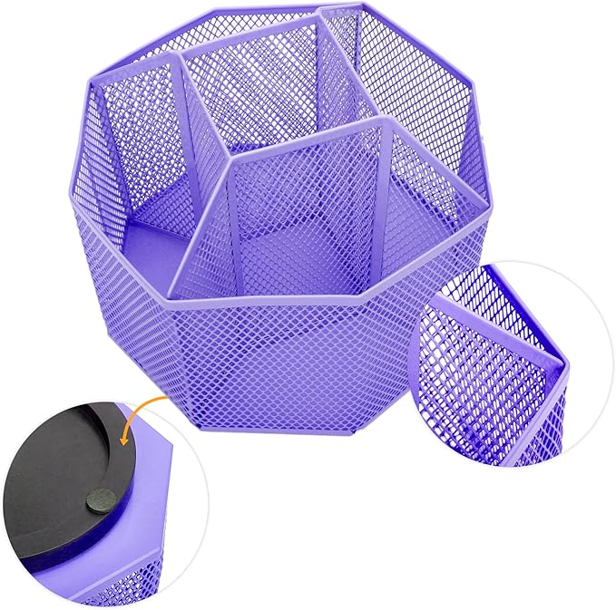 Annova Mesh Desk Organizer Rotate with 5 Compartments Spinning Tidy Candy/Pen Holder Office, Art Supply, Storage, Classroom, Home (Purple)