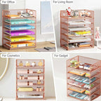 6 Tiers Letter Tray Paper Organizer with Handle, Mesh Desk File Organizer, Metal Desktop Document Shelf Organization, Paper Sorter Organizer for Office, Home or School File Folder Holder (Rose Gold)