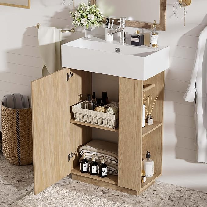 21.6" Small Fluted Bathroom Vanity with Sink,Soft Closing Doors and Storage Shelves,Natural Wood Single Bathroom Sink Cabinet Combo Freestanding, Natural Wood