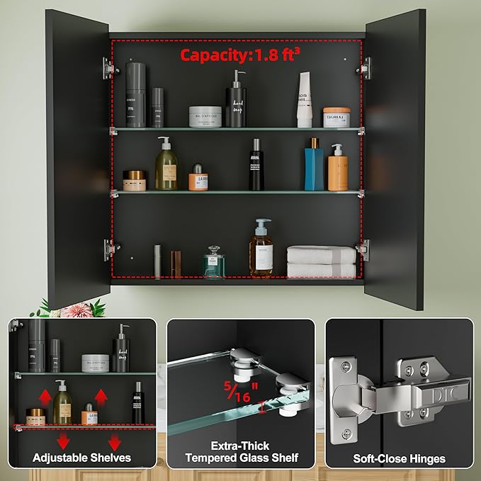 Buruis 30" x 30" Framed Medicine Cabinet with Mirror, Recessed or Wall Mounted Bathroom Cabinet, Adjustable Tempered Glass Shelves, Left/Right Open Reversible, No Assembly Required, Black