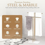 Free Standing Towel Rack for Bathroom - Satin Gold Finish - Stand Alone 2 Tier Stainless Steel Towel Rack for Bathroom Floor with Heavy Marble Base, Double T Shape Drying Stand for Towels