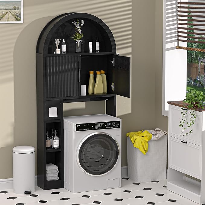 AHB Over The Toilet Storage Cabinet, Freestanding Bathroom Organizer with Adjustable Shelf and Anti-Tip Device, Arched Cabinet with Doors, Space-Saving Toilet Storage for Bathroom, Laundry, Mini Bar