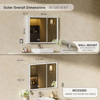 36x30 Lighted Medicine Cabinet with Mirror, Beveled Brushed Nickel Framed Surface or Recessed Fogless Dimmable LED Medicine Cabinet with Lights, Outlet, Time Display and Sensor Inner Light