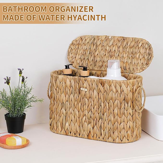 Toilet Paper Storage Basket with Lid, Water Hyacinth Slim Toilet Paper Holder - Holds Up to 6 Mega Rolls, Wicker Basket for Bathroom Organization, Natural