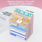 6 Tier Mesh Desk Organizer,Multi Functional Letter Paper Tray with 3 Pen Holders and 5 Adjustable Storage Compartments for Office Supplies Files and Mail Space Saving Desktop Organizer-Pink
