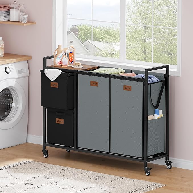 Hoctieon 4 Section Laundry Cart, 48 Gal. (182L) Laundry Hamper with Lid, Laundry Basket with Wheels, Rolling Laundry Sorter Organizer with Shelf, Clothes Separator with Removable Bags, Black+Gray