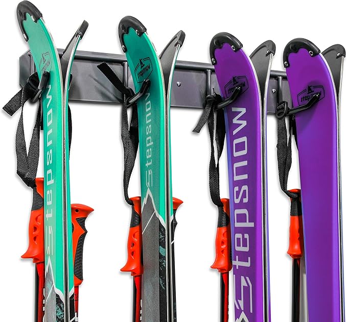 RaxGo Ski Storage Rack, Wall Mounted, Holds 4 Pairs of Skis & Skiing Poles or Snowboard for Home and Garage Storage, Heavy Duty and Rubber-Coated Hooks