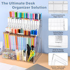 Acrylic Desk Organizer – 5 Tier 25 Compartments Vertical Storage for Pens, Markers, Art Supplies & Office Accessories – Clear Desk Storage Solution for Home, Office & School