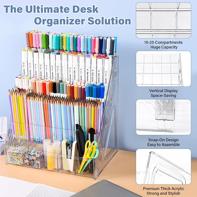 Acrylic Desk Organizer – 5 Tier 25 Compartments Vertical Storage for Pens, Markers, Art Supplies & Office Accessories – Clear Desk Storage Solution for Home, Office & School