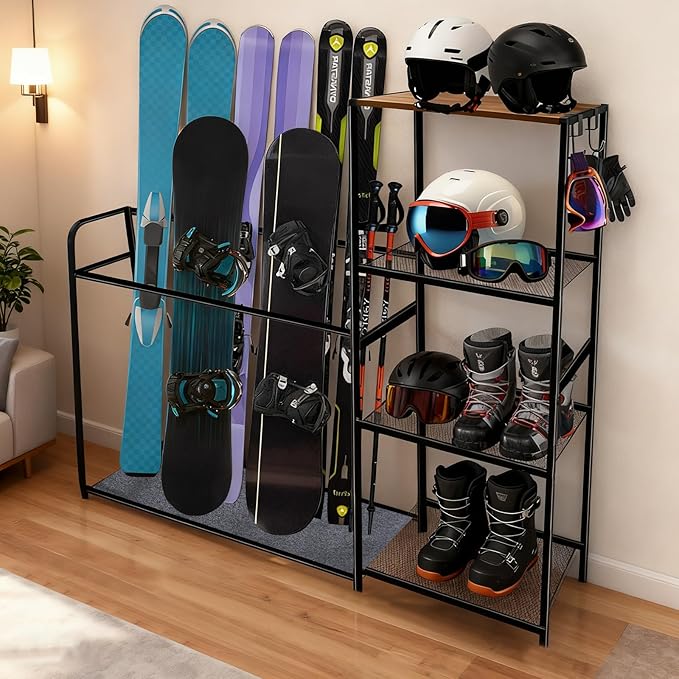 Freestanding Ski Rack for Garage - Ski Holders for 4 Pairs of Skis, Boots, Poles, Goggles, Helmets & Gear, Steel Floor Stand Ski Organizer for Garage, Shed, Basement