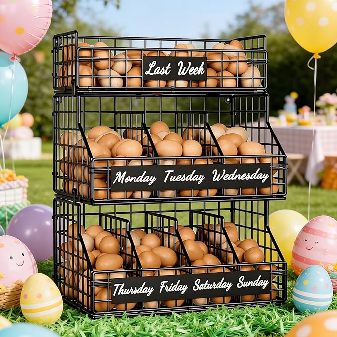 Egg Holder Countertop with Dividers & Labels, 3 Tier Stackable Chicken Egg Holder Egg Baskets for Gathering Fresh Eggs, Egg Organizer for Egg Storage, Wall-Mounted, Black