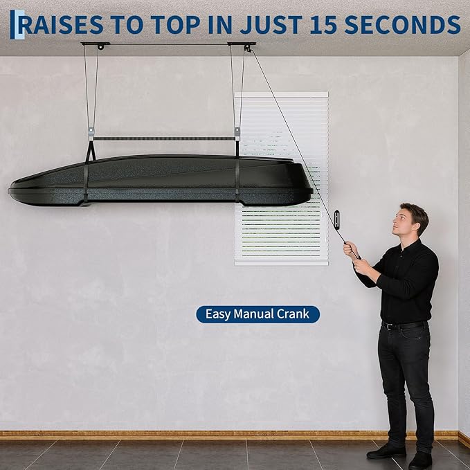 Cargo Box Garage Pulley System, Heavy Duty Overhead Hoist for Rooftop Cargo Boxes & Large Storage Totes, 200 Lb Capacity, Fits 10–14 ft Garage Ceilings, Adjustable Straps & Dual Fixed Mounts