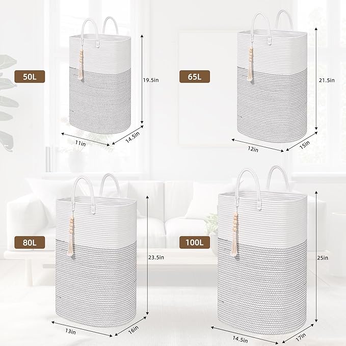 Woven Laundry Basket for Clothes, 80L Large Rectangle Laundry Hampers with Beads Tassel, Nursery Storage Basket for Toys, Tall Dirty Clothes Hamper for Bedroom Aesthetic, Laundry Room Organization