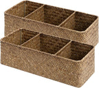 StorageWorks Toilet Paper Basket for Back of Toliet，with 3-Compartments, Bathroom Basket Organizer, Seagrass Toilet Tank Basket, Brown, 2-Pack