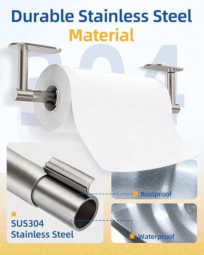 RUACQ Paper Towel Holder Under Cabinet, One Hand Tearing Paper Towel Holder with Damping Effect, Wall Mount & Adhesive Stainless Steel Paper Roll Holder for Kitchen Bathroom (Brushed Nickel)