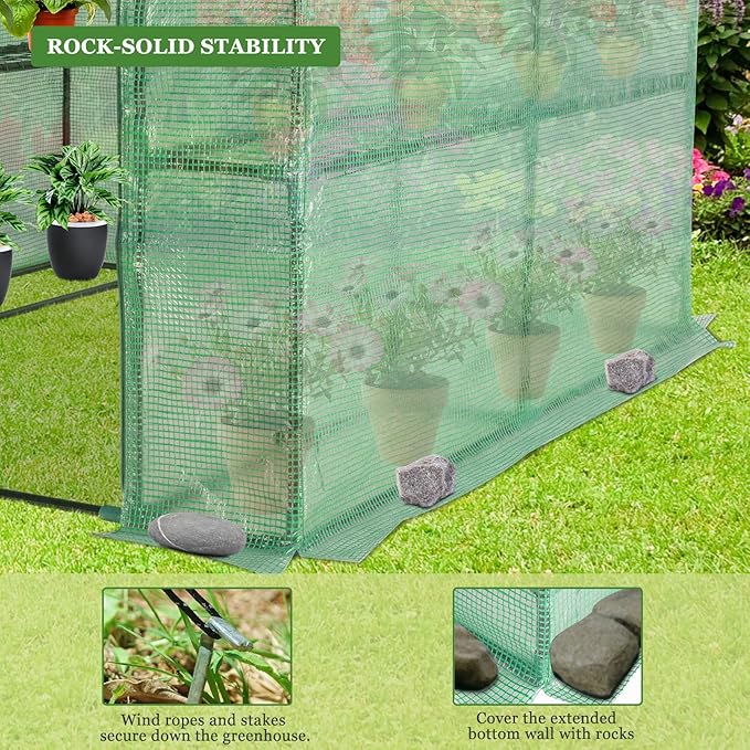 57 x 57 x 74'' Greenhouses for Outdoors, Durable Green House Kit with Window, Thicken PE Cover, 3 Tiers 8 Shelves, Heavy Duty Walk in Green Houses for Indoor Backyard Outside