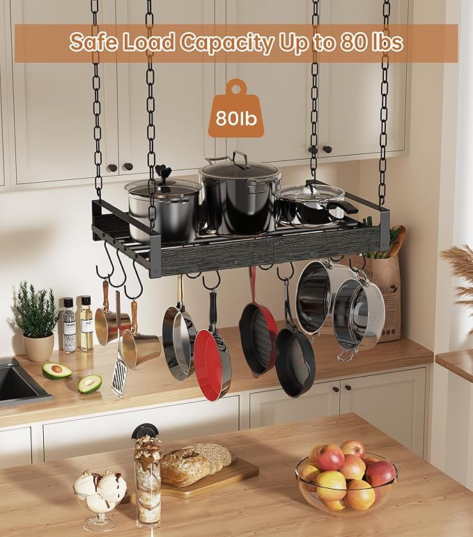 Hanging Pot Rack, 24x13 Inches Pot Hangers for Kitchen, Pan Hanging Rack with 12 S-Shaped Hooks, Vintage Ceiling Mounted Pan Holder for Cookware Storage, Charcoal Grey