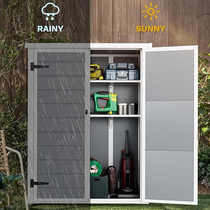 DWVO 4.3x2x5.5ft Outdoor Vertical Storage Shed with 2 Shelves, 50 Cu Ft Waterproof Resin Garden Shed with Lockable Door, Plastic Tall Tool Cabinet for Garbage Cans, Lawn Garden Supplies (Gray)