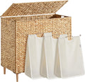 SONGMICS Laundry Hamper 3 Sections, 47.5 Gal. (180 L) Handwoven Water Hyacinth Wicker Laundry Basket with Lid, Natural Material, Removable Machine Washable Liners, Handles, Natural ULCB203Y01