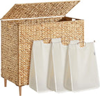 SONGMICS Laundry Hamper 3 Sections, 47.5 Gal. (180 L) Handwoven Water Hyacinth Wicker Laundry Basket with Lid, Natural Material, Removable Machine Washable Liners, Handles, Natural ULCB203Y01